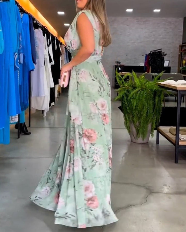 Gia - Sleeveless Floral Split Hem Long Dress