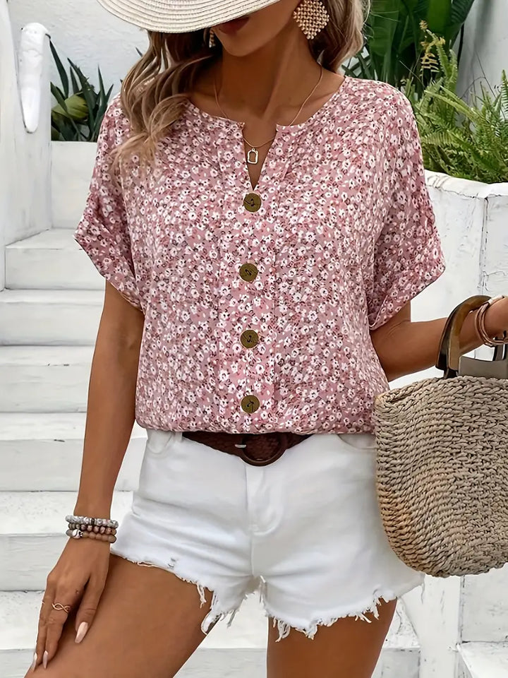 Cindy™ | Floral Print Notched Colour Blouse