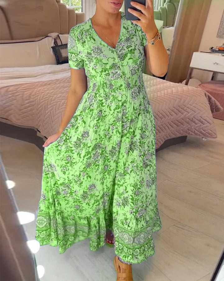 Ellie - Elegant Floral V-Neck Pleated Hem Dress