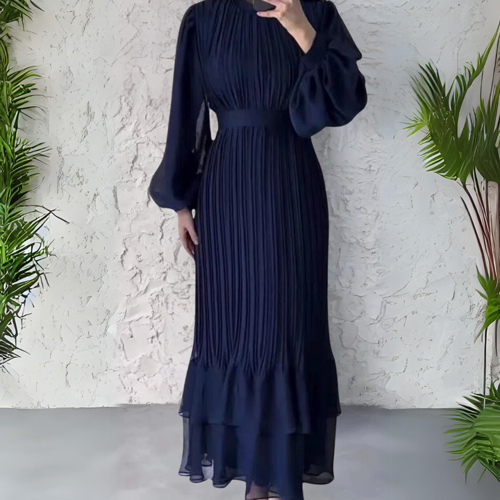 Cami - Chic French Fall Mesh-Accented Evening Gown
