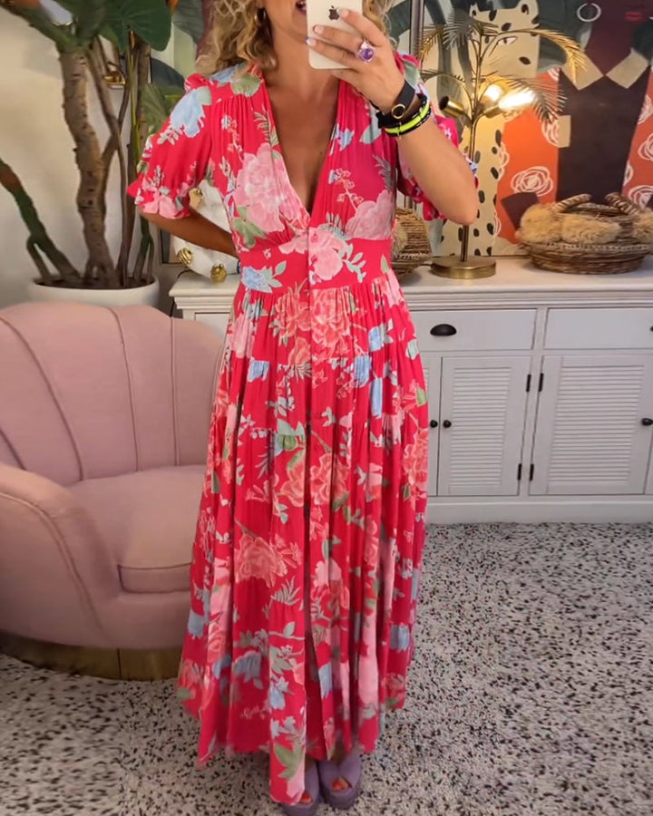 Reagan - V-Neck Short Sleeve Floral Maxi Dress