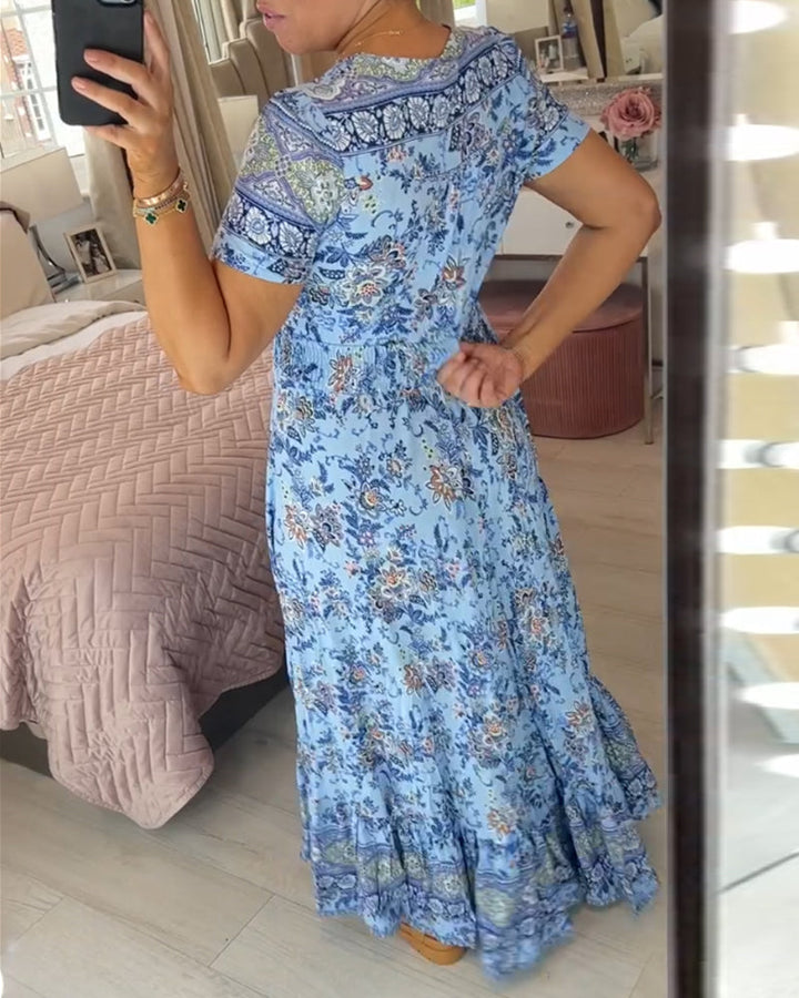 Ellie - Elegant Floral V-Neck Pleated Hem Dress