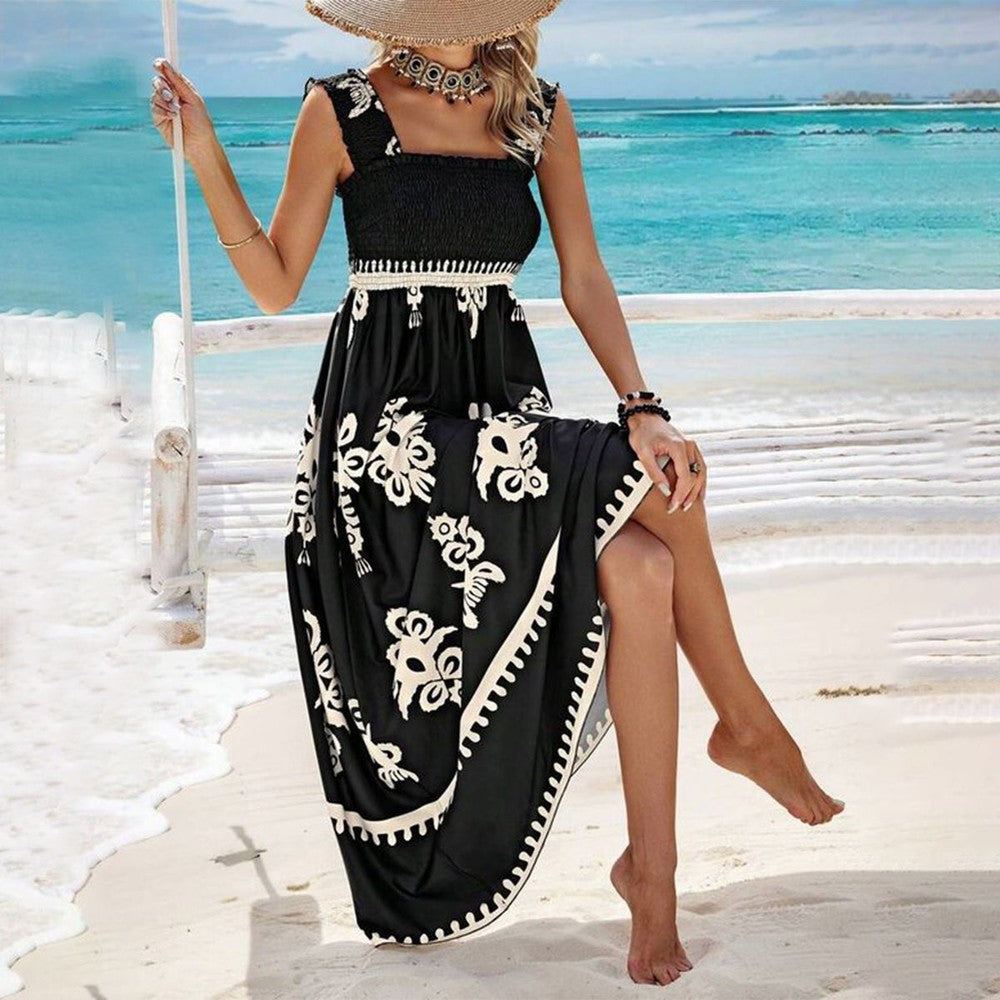 Valentina - Chic Square Neck Sleeveless Printed Beach Dress