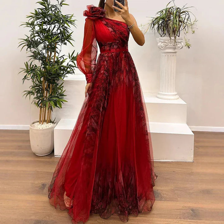 Sienna – Trendy One Shoulder Mesh Print Maxi Dress