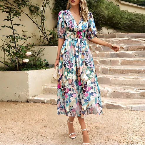 Everly - Vintage Glam Lantern Sleeve Midi Dress