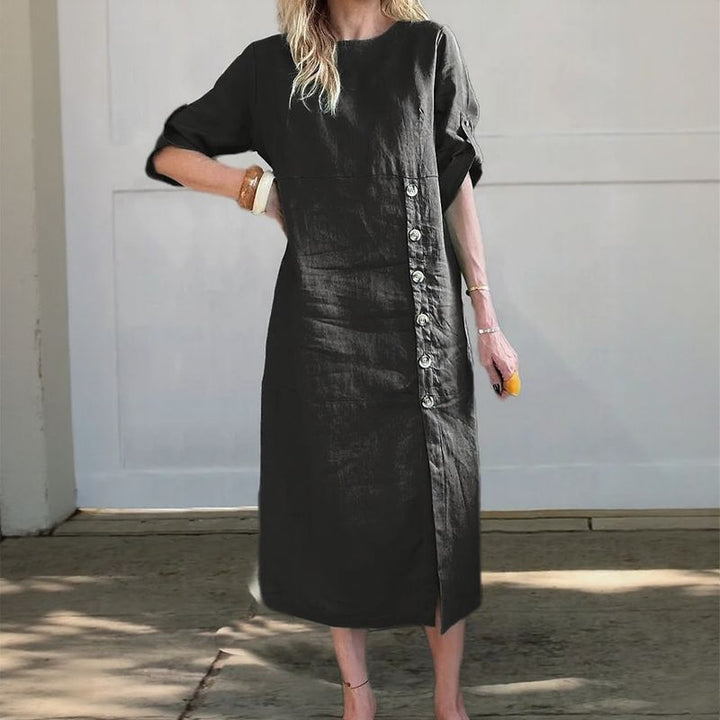 Adelie™ | Cotton Linen Dress with Side Buttons