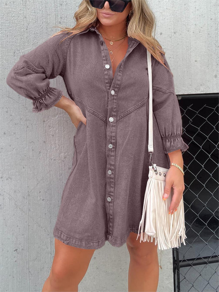 Galilea - Chic Turn-Down Collar Denim Midi Dress