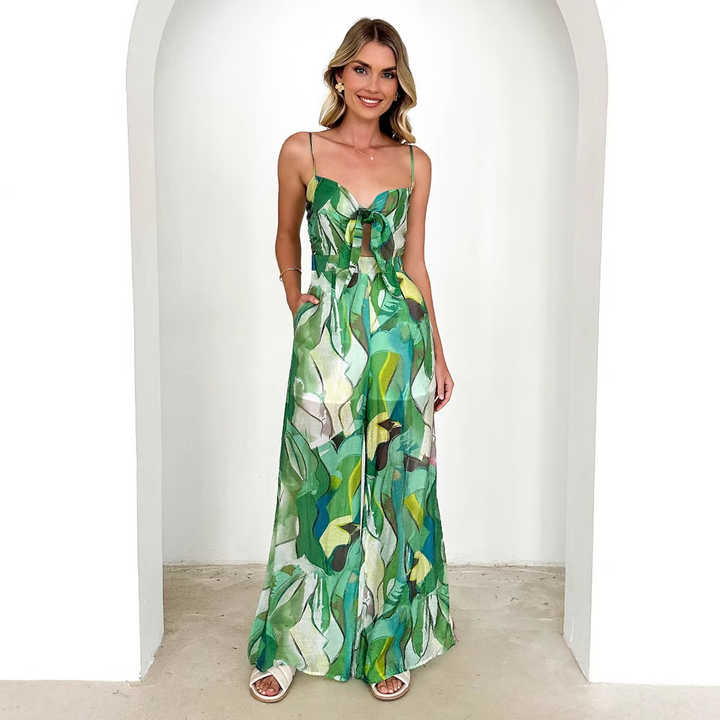 Annalise - Chic Printed Suspender Strap Long Dress