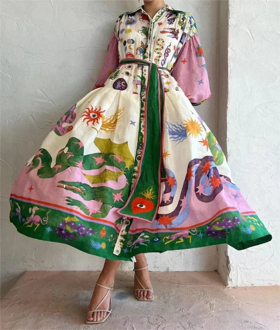 Capri - Chic Tie Waist Lantern Sleeve Dress