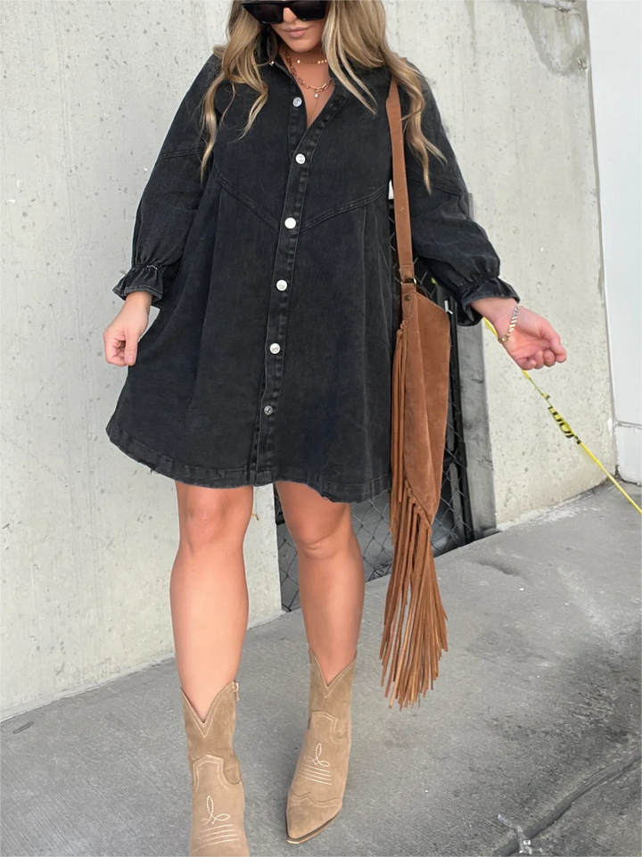 Galilea - Chic Turn-Down Collar Denim Midi Dress