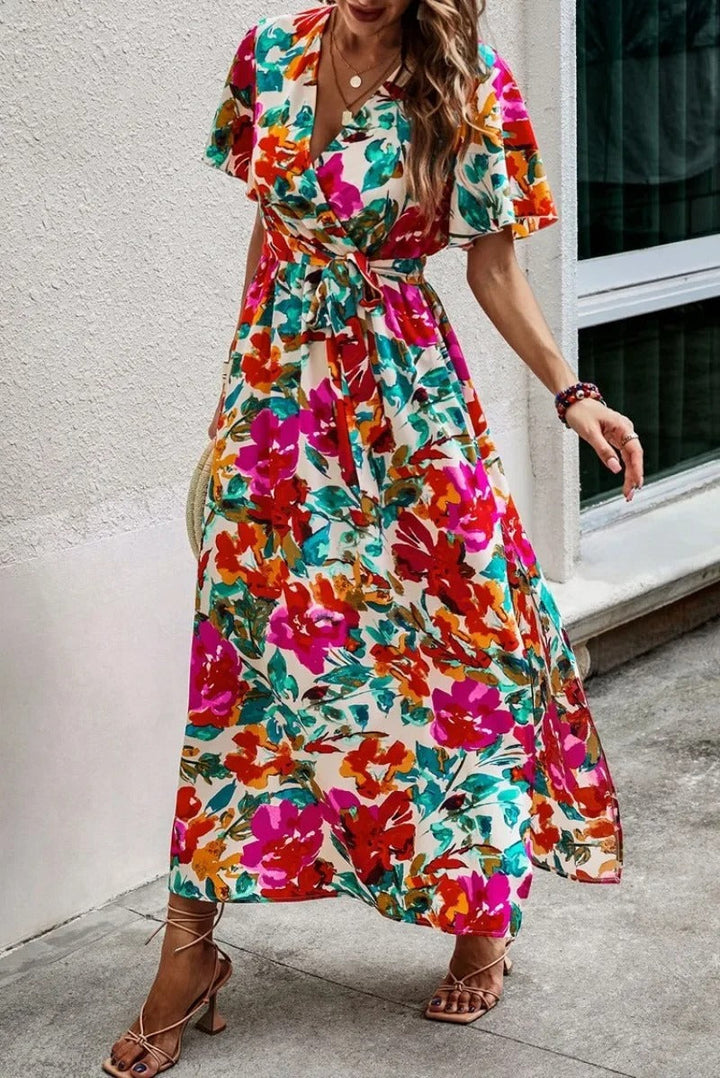 Lucille - Printed V-Neck Split Beach Vacation Dress
